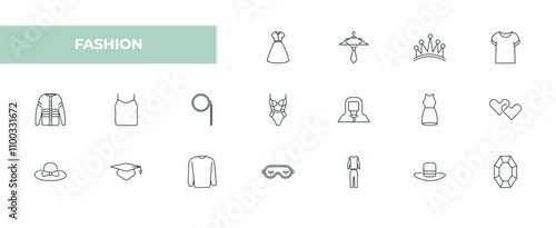 fully editable outline icon collection from fashion concept. thin line icons set such as women drees, ties on hanger, royal, cylinder hat, diamond,