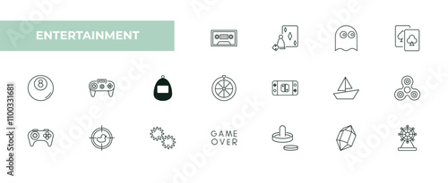 fully editable outline icon collection from entertainment concept. thin line icons set such as music tape, board games, ghost, crystal, ferris wheel,