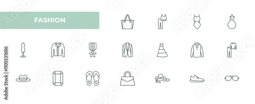 fully editable outline icon collection from fashion concept. thin line icons set such as purses, sportswear, women swimsuit, gym shoes, eyewear,