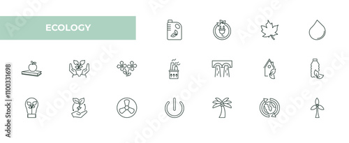 fully editable outline icon collection from ecology concept. thin line icons set such as biodiesel, eco energy, m leaf, recycling, wind mills,