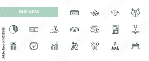fully editable outline icon collection from business concept. thin line icons set such as banking card, home insurance, cooperate, hierarchy structure, work table,