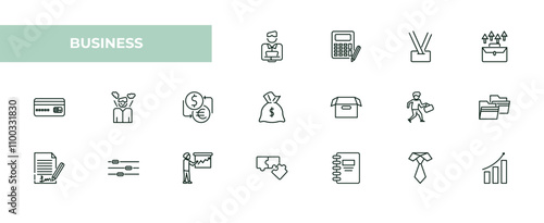 fully editable outline icon collection from business concept. thin line icons set such as boss reading a document, maths tool, lanyard, black tie, graphic progression,
