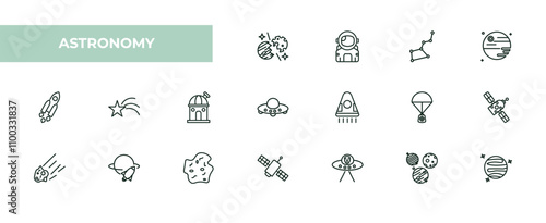 fully editable outline icon collection from astronomy concept. thin line icons set such as space collision, astronaut user, ursa major, planets, mars with satellite,