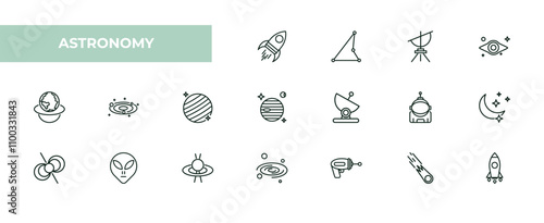 fully editable outline icon collection from astronomy concept. thin line icons set such as rocket start, triangulam australe, dioptra, comet, liftoff,