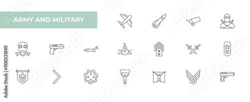 fully editable outline icon collection from army and military concept. thin line icons set such as airplane, missile, canon, air force, pistol,