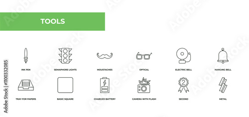 fully editable outline icon collection from tools concept. thin line icons set such as ink pen, semaphore lights, moustaches, second, metal,