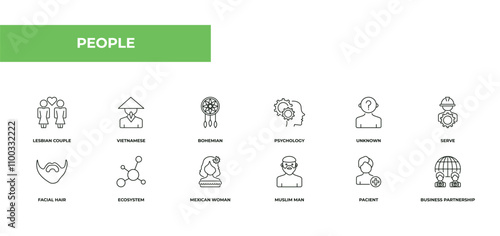 fully editable outline icon collection from people concept. thin line icons set such as lesbian couple, vietnamese, bohemian, pacient, business partnership,