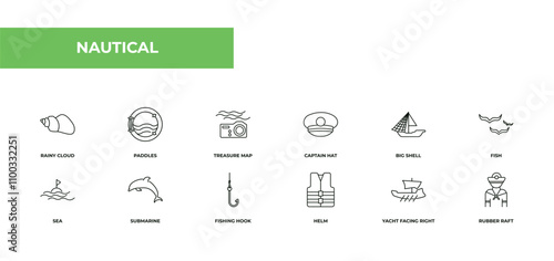 fully editable outline icon collection from nautical concept. thin line icons set such as rainy cloud, paddles, treasure map, yacht facing right, rubber raft,
