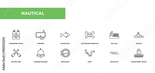fully editable outline icon collection from nautical concept. thin line icons set such as submarine facing right, suroard, double bait, sailor hat, water resist watch,
