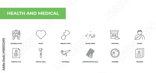 fully editable outline icon collection from health and medical concept. thin line icons set such as defibrillator, heart, breast pump, microbe, records,