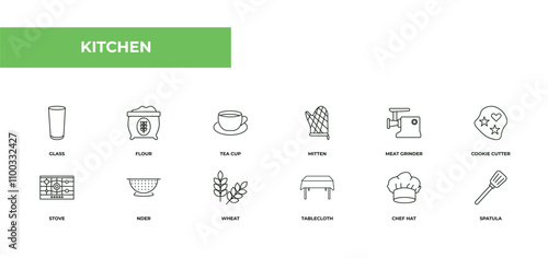 fully editable outline icon collection from kitchen concept. thin line icons set such as glass, flour, tea cup, chef hat, spatula,