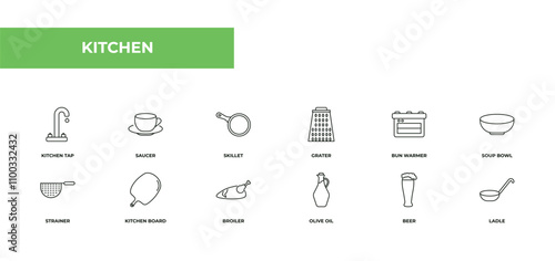 fully editable outline icon collection from kitchen concept. thin line icons set such as kitchen tap, saucer, skillet, beer, ladle,