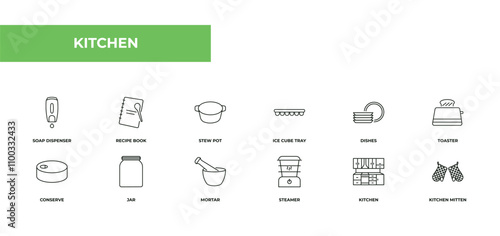 fully editable outline icon collection from kitchen concept. thin line icons set such as soap dispenser, recipe book, stew pot, kitchen, kitchen mitten,