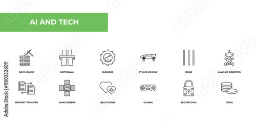fully editable outline icon collection from ai and tech concept. thin line icons set such as data mining, motorway, business, secure data, coins,