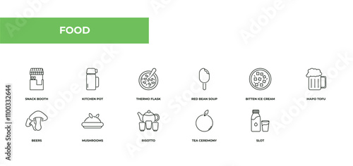 fully editable outline icon collection from food concept. thin line icons set such as snack booth, kitchen pot, thermo flask, slot, drink water,