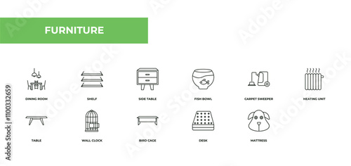 fully editable outline icon collection from furniture concept. thin line icons set such as dining room, shelf, side table, mattress, dog,
