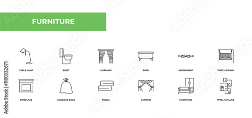 fully editable outline icon collection from furniture concept. thin line icons set such as table lamp, bidet, curtains, furniture, wall shelves,