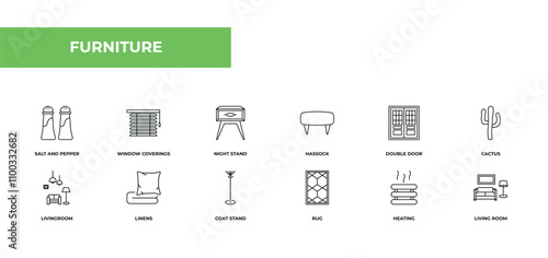 fully editable outline icon collection from furniture concept. thin line icons set such as salt and pepper shakers, window coverings, night stand, heating, living room,
