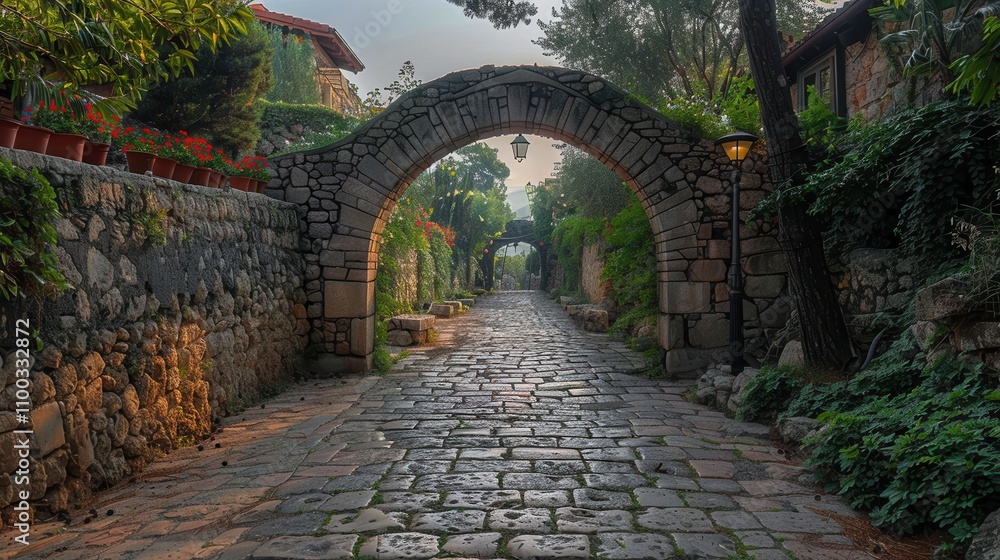 Obraz premium Cobblestone pathway leads through an ancient archway into a serene village filled with lush greenery. Generative AI