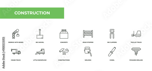 fully editable outline icon collection from construction concept. thin line icons set such as derrick with boxes, big shovel, concrete, chisel, pickaxes drilling,