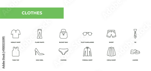 fully editable outline icon collection from clothes concept. thin line icons set such as henley shirt, flare pants, bucket bag, circle skirt, loafer,