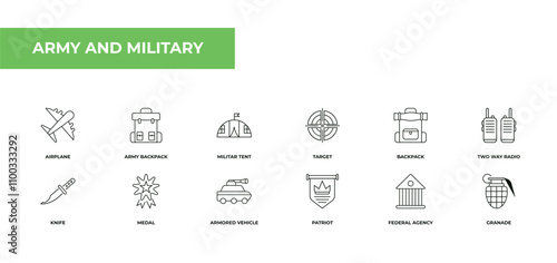 fully editable outline icon collection from army and military concept. thin line icons set such as airplane, army backpack, militar tent, federal agency, granade,