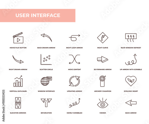 fully editable outline icon collection from user interface concept. thin line icons set such as movie play button, back drawn arrow, right drawn arrow, viewer, back arrow,