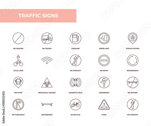 fully editable outline icon collection from traffic signs concept. thin line icons set such as no waiting, no trucks, cycle lane, hump, no straight,