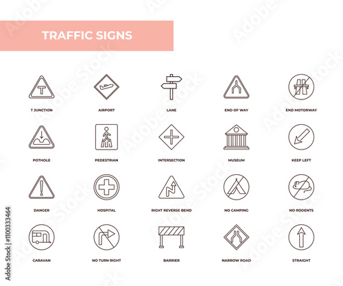 fully editable outline icon collection from traffic signs concept. thin line icons set such as t junction, airport, pothole, narrow road, straight,