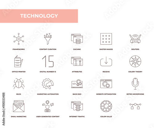 fully editable outline icon collection from technology concept. thin line icons set such as frameworks, content curation, office printer, color value, ,