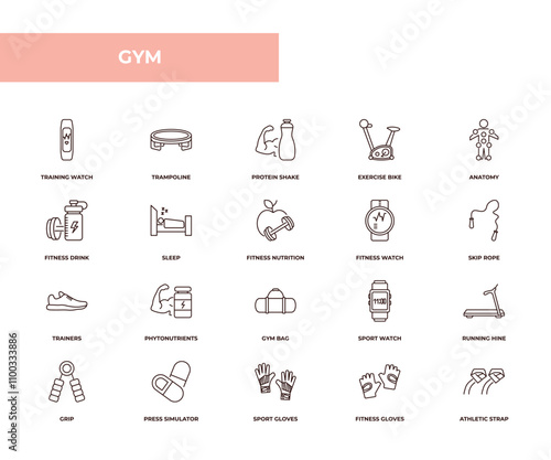 fully editable outline icon collection from gym concept. thin line icons set such as training watch, trampoline, fitness drink, fitness gloves, athletic strap,