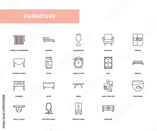 fully editable outline icon collection from furniture concept. thin line icons set such as window coverings, daybed, gateleg table, armoire, chest of drawers,