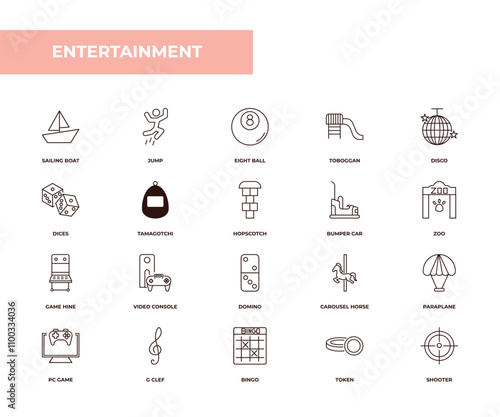 fully editable outline icon collection from entertainment concept. thin line icons set such as sailing boat, jump, dices, token, shooter,
