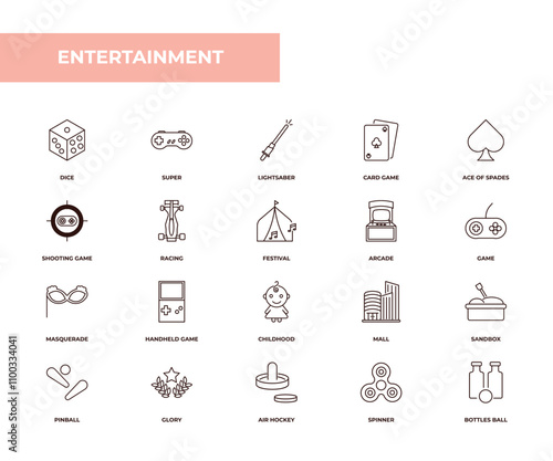 fully editable outline icon collection from entertainment concept. thin line icons set such as dice, super, shooting game, spinner, bottles ball,