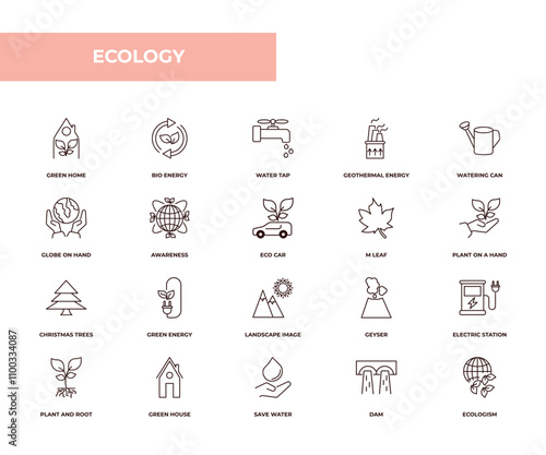 fully editable outline icon collection from ecology concept. thin line icons set such as green home, bio energy, globe on hand, dam, ecologism,