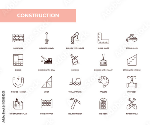 fully editable outline icon collection from construction concept. thin line icons set such as brickwall, inclined shovel, big clo, big door, two shovels,