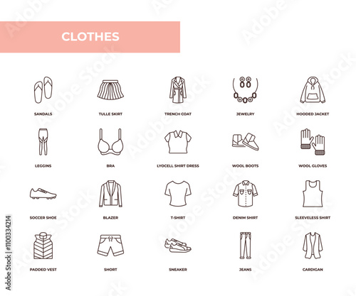 fully editable outline icon collection from clothes concept. thin line icons set such as sandals, tulle skirt, leggins, jeans, cardigan,
