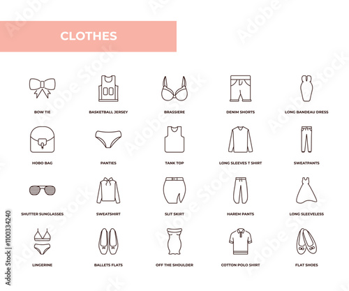 fully editable outline icon collection from clothes concept. thin line icons set such as bow tie, basketball jersey, hobo bag, cotton polo shirt, flat shoes,