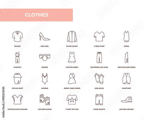 fully editable outline icon collection from clothes concept. thin line icons set such as blouse, high heel, jumpsuit, chino shorts, leather chelsea boots,