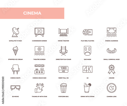 fully editable outline icon collection from cinema concept. thin line icons set such as satellite tv dish, 3 dimension screen, stripped ice cream cone, drink with straw, camera lens,