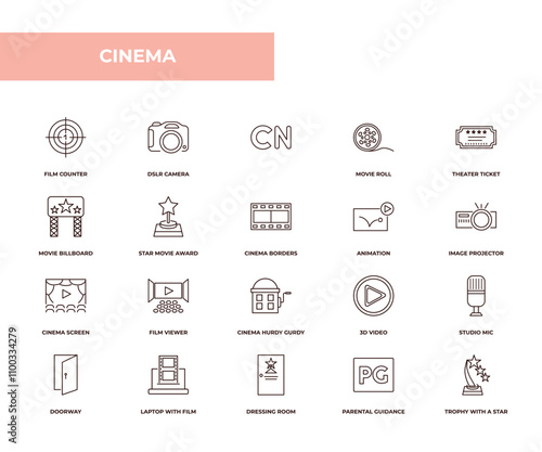 fully editable outline icon collection from cinema concept. thin line icons set such as film counter, dslr camera, movie billboard, parental guidance, trophy with a star,