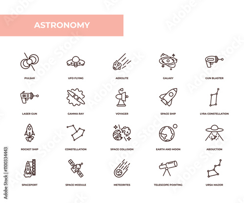 fully editable outline icon collection from astronomy concept. thin line icons set such as pulsar, ufo flying, laser gun, telescope pointing up, ursa major,