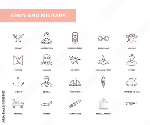 fully editable outline icon collection from army and military concept. thin line icons set such as combat, conscription, torture, federal agency, ,