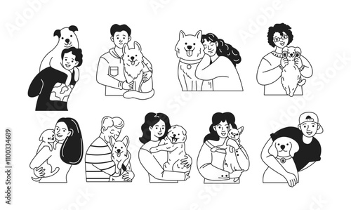 Happy pet owners hugging dogs linear icons collection. Delightful people with friendly canine companions characters set on white background