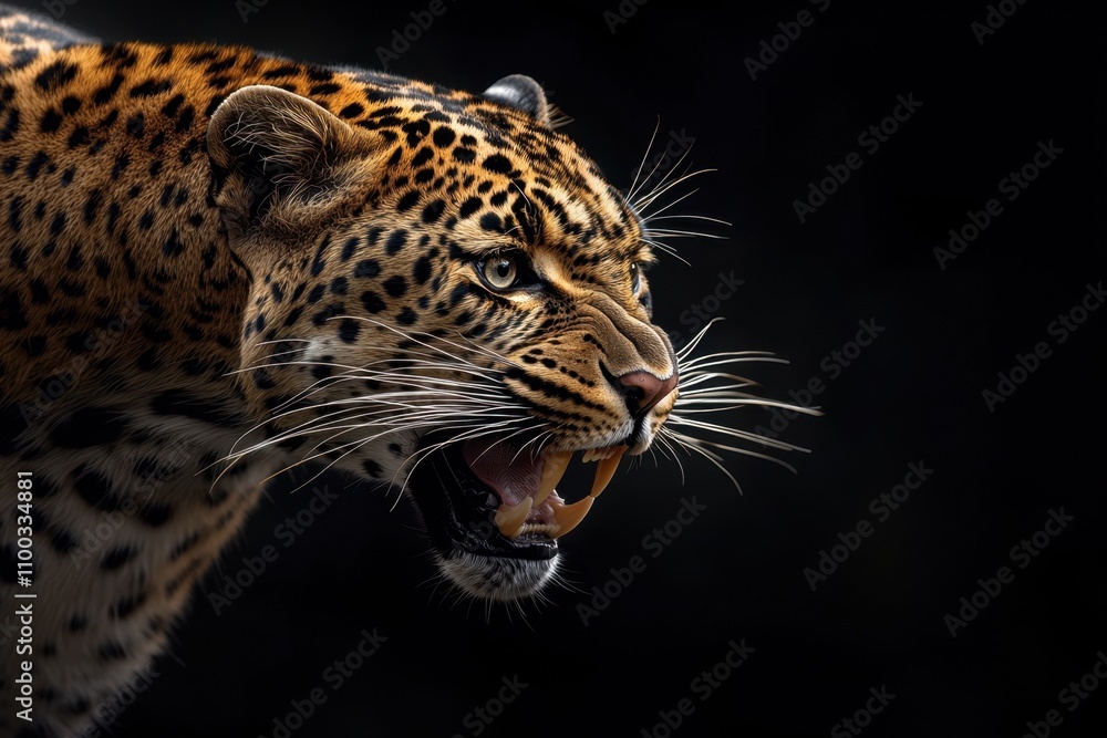 Fototapeta premium A leopard is shown with its mouth open and teeth bared