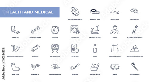 fully editable outline icon collection from health and medical concept. thin line icons set such as sphygmomanometer, measure tape, chest expander, rings, tooth brush,