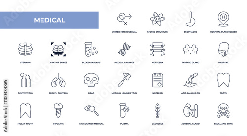 fully editable outline icon collection from medical concept. thin line icons set such as united heterosexual, atomic structure, x ray of bones, adrenal gland, skull and bone,
