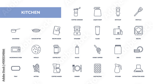 fully editable outline icon collection from kitchen concept. thin line icons set such as coffee grinder, liquid soap, sugar sifter, pitcher, extractor hood,