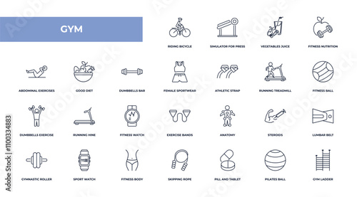 fully editable outline icon collection from gym concept. thin line icons set such as riding bicycle, simulator for press, good diet, pilates ball, gym ladder,
