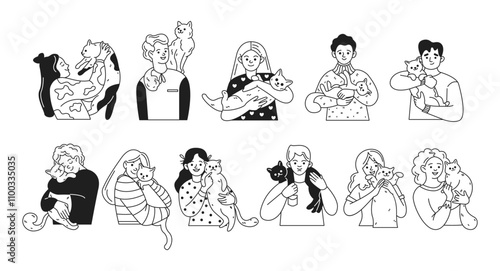 Pet owners showing care for beloved cats linear icons collection. Human bonding animals heartwarming characters set on white background